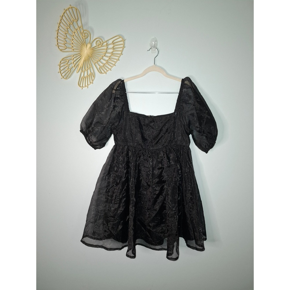 TCEC Black Organza Puff Sleeve Babydoll Mini Dress Size M